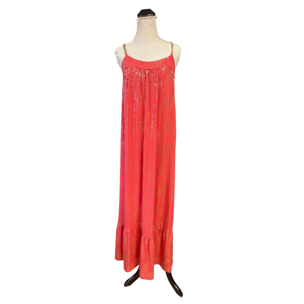 Michael Kors Coral Gold Foil Palm Leaf Chain Strap Maxi Dress Womens Pink Medium - Picture 5 of 9